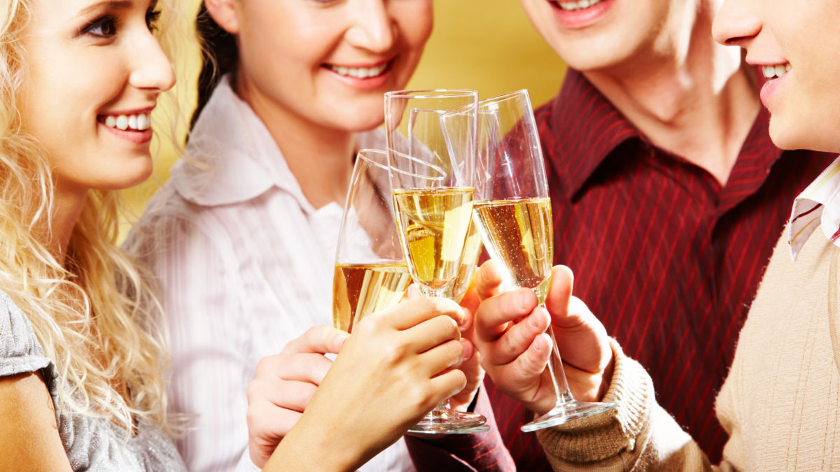 Portrait of cheerful people toasting at party with smiles