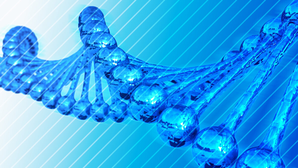 3D Render - DNA Chain Illustration. Blue Striped Background.