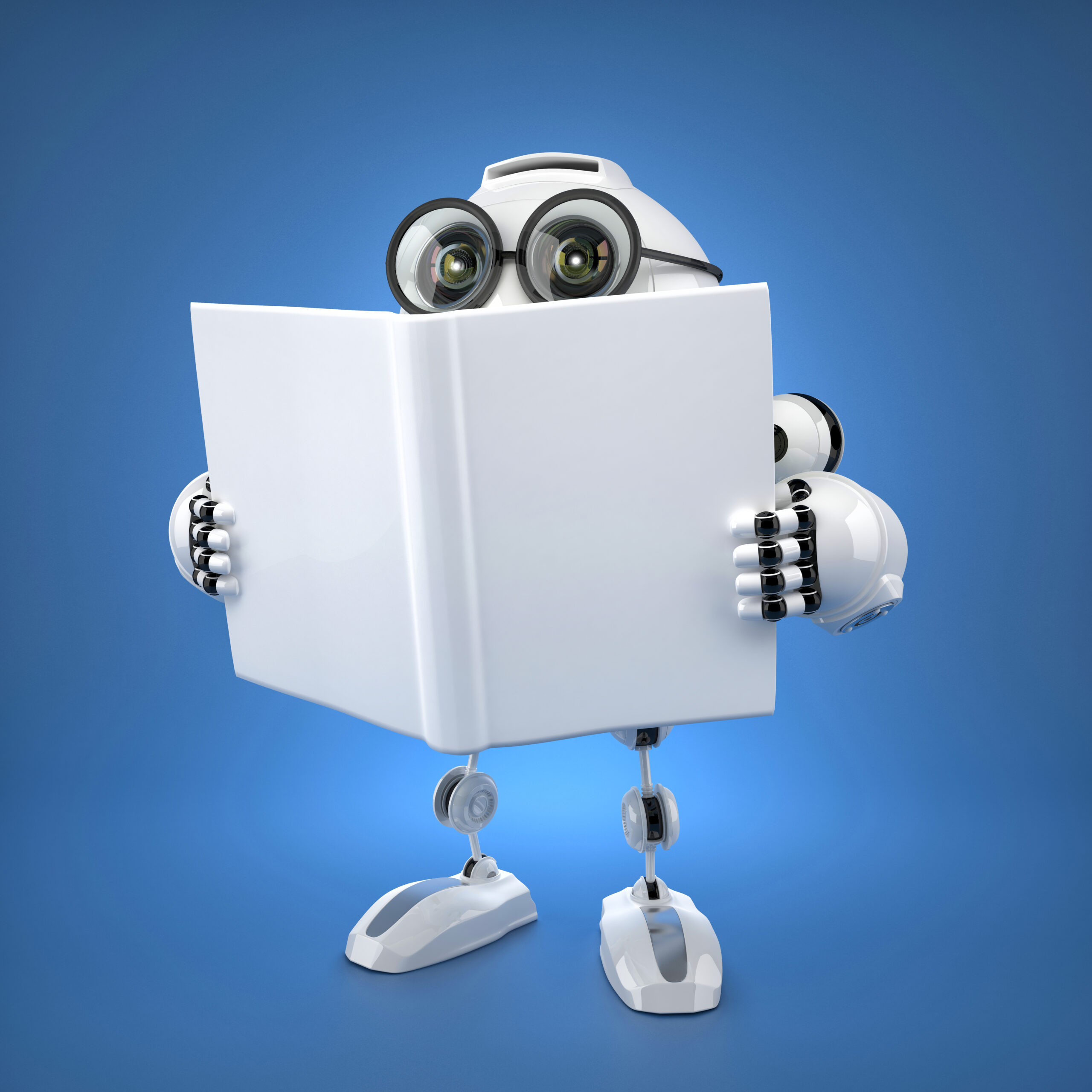 Android robot reading book. Rendered over blue background